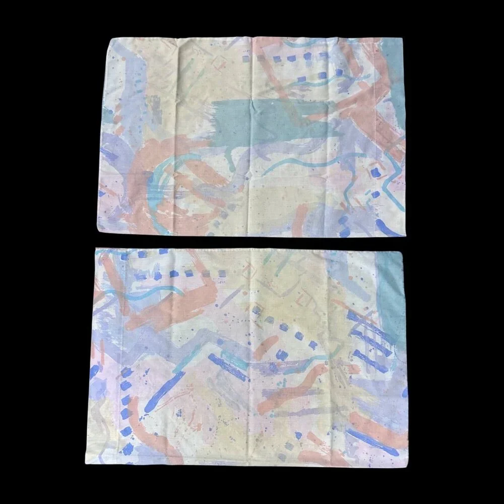 Vintage Pillowcases 80s Cannon USA Standard Abstract Pastel Splash Retro Bedding